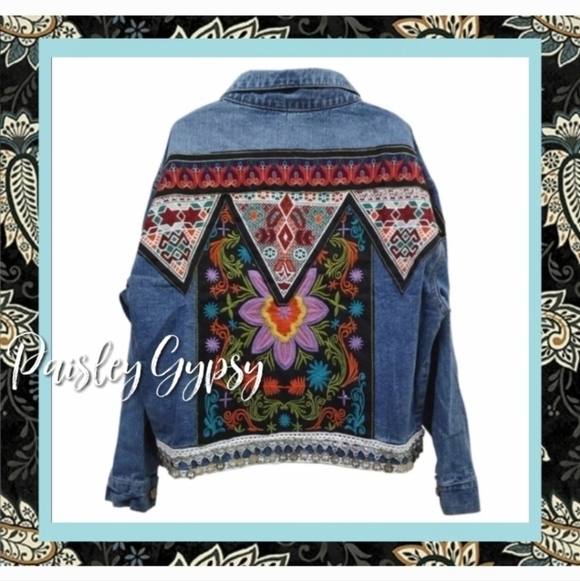 Blue Denim Embroidered Jean Jacket Oversized OSFM - Picture 3 of 14